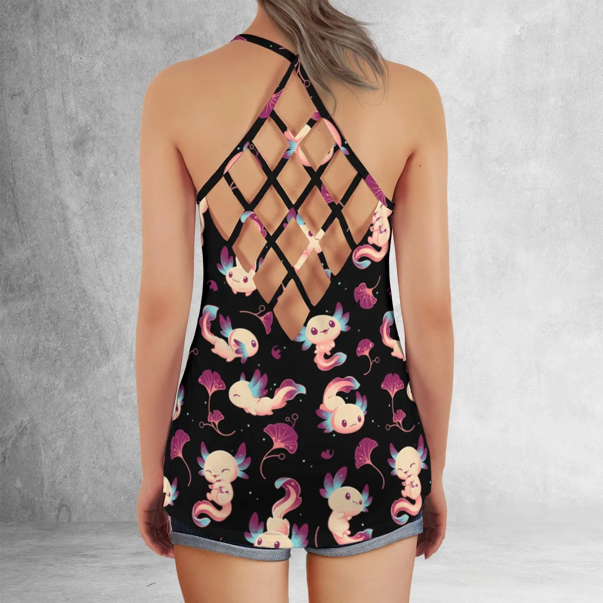 Axolotl Wonders Cute Salamanders Pattern Criss Cross Tank Top