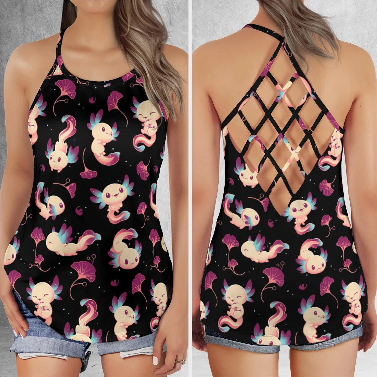 Axolotl Wonders Cute Salamanders Pattern Criss Cross Tank Top