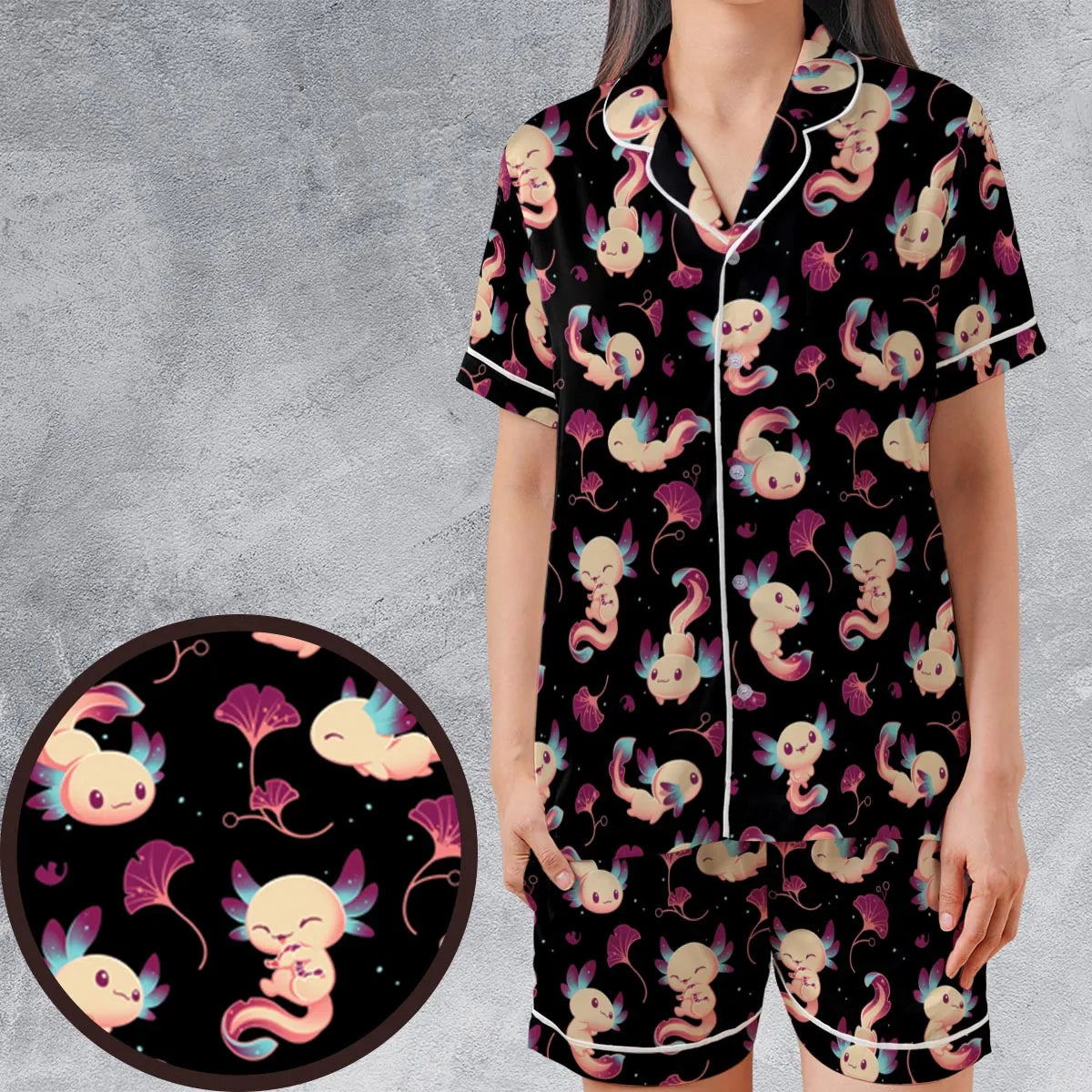 Axolotl Wonders Cute Salamanders Pattern Satin Short-Sleeve Pajamas Set