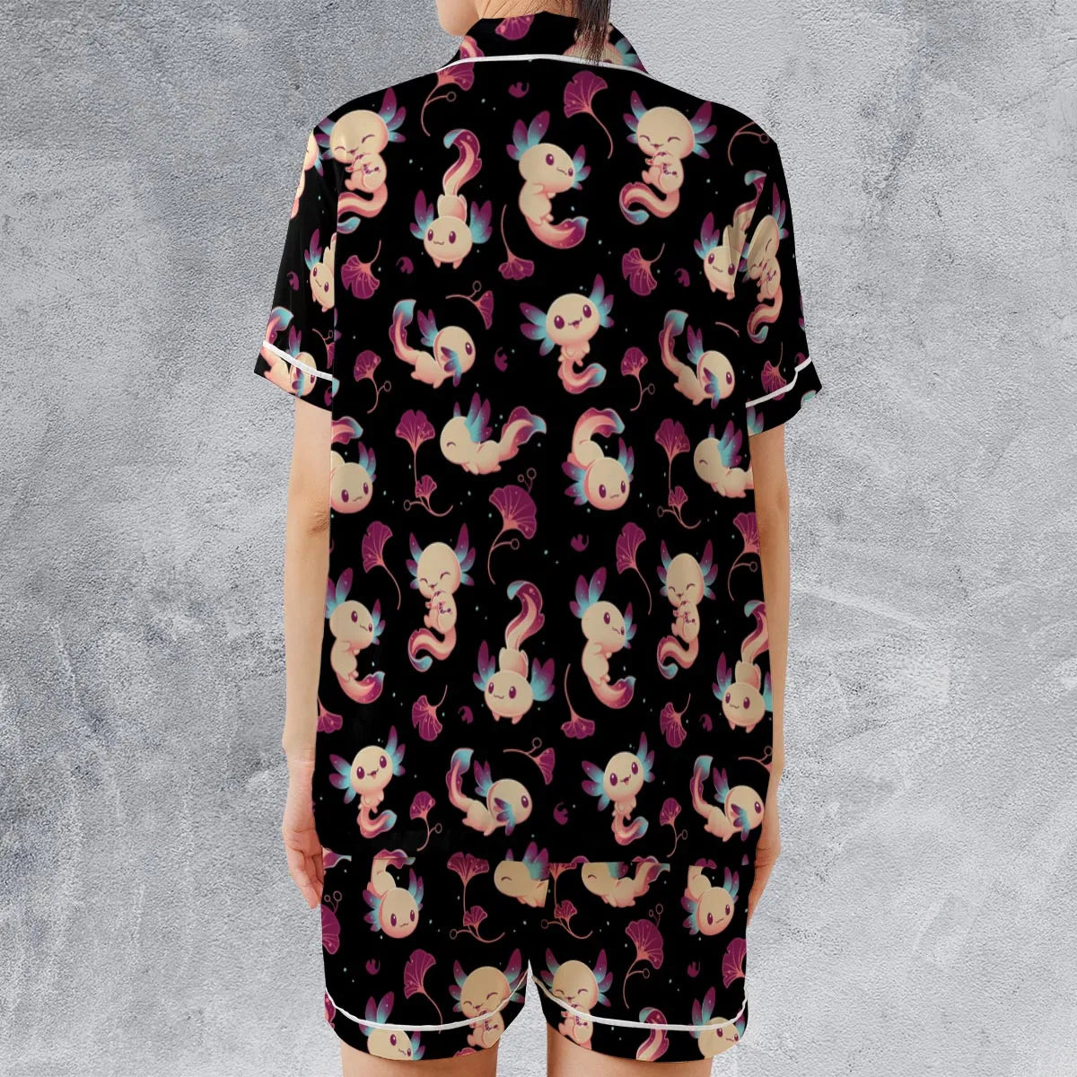 Axolotl Wonders Cute Salamanders Pattern Satin Short-Sleeve Pajamas Set