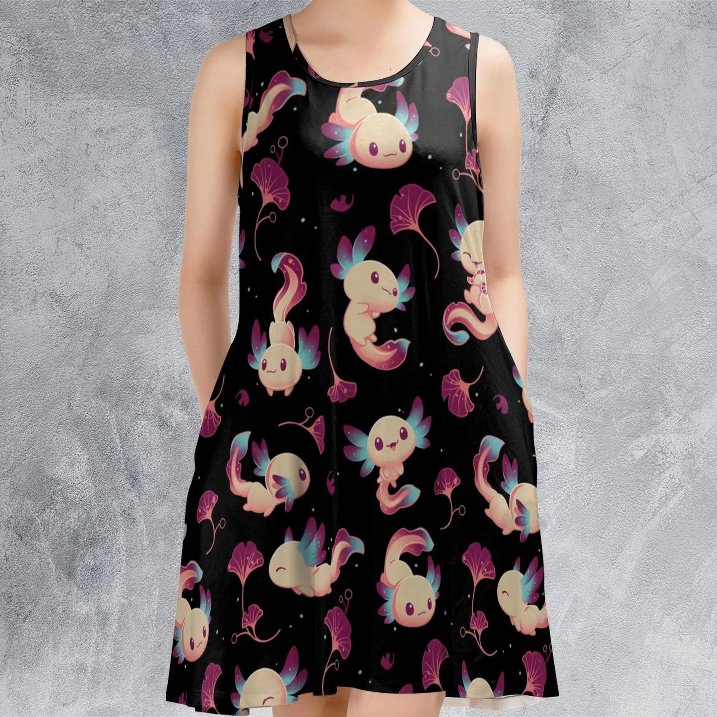 Axolotl Wonders Cute Salamanders Pattern Sleeveless Dress