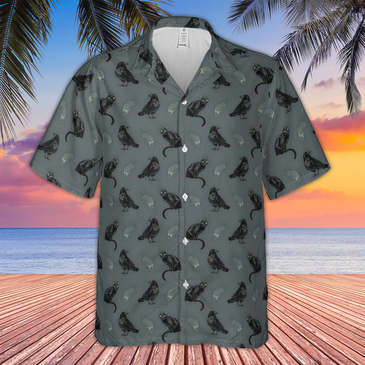 Black Cat and Raven Pattern Hawaiian Shirt