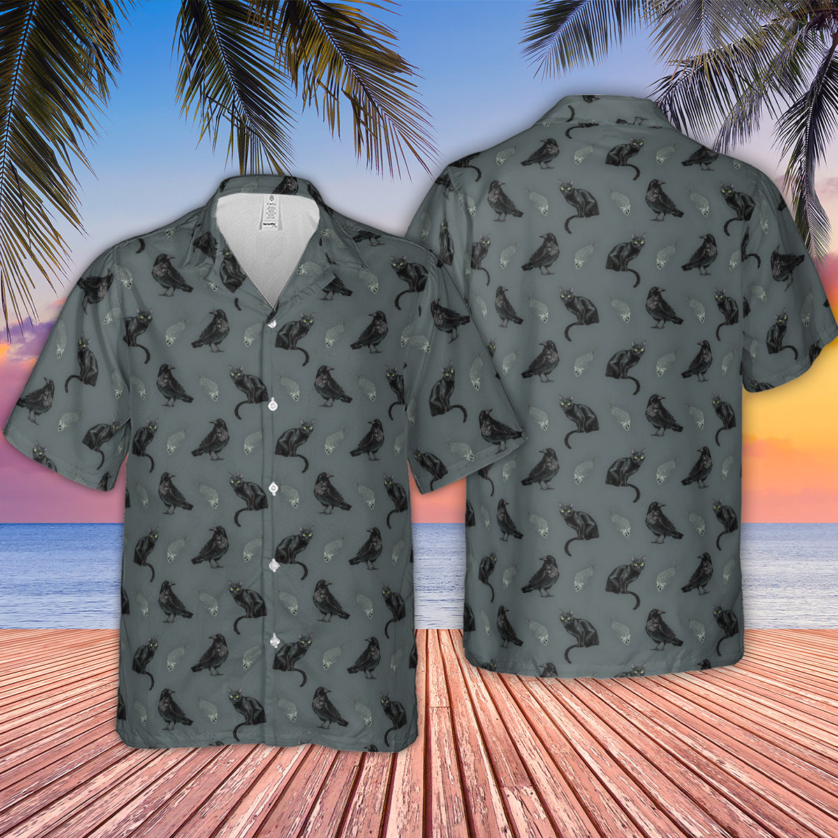 Black Cat and Raven Pattern Hawaiian Shirt
